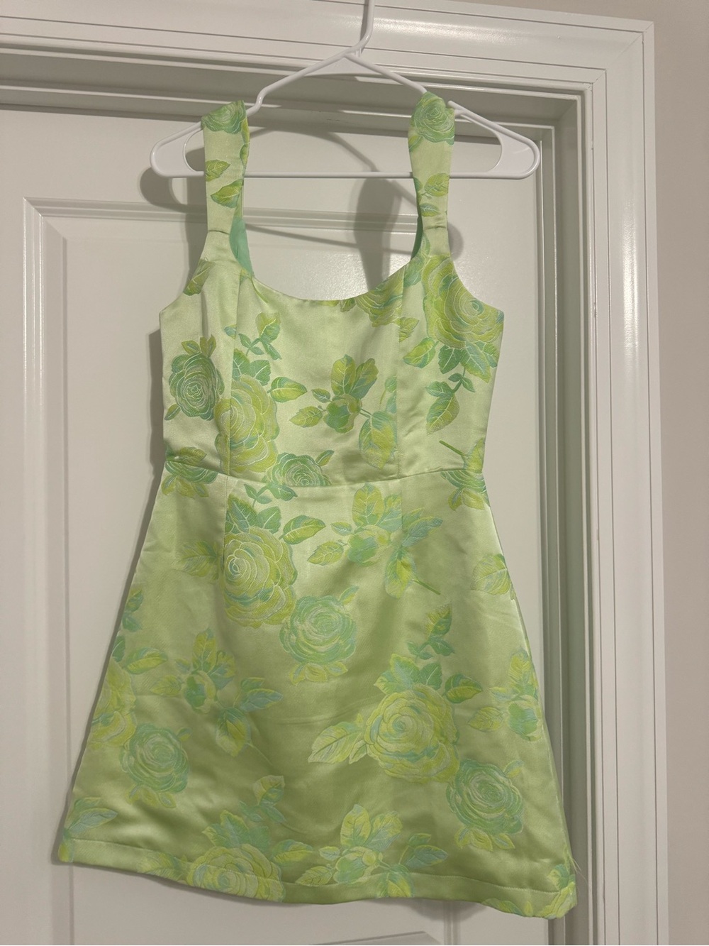 Brighter Side Light Green Floral Satin
Jacquard Mini Dress